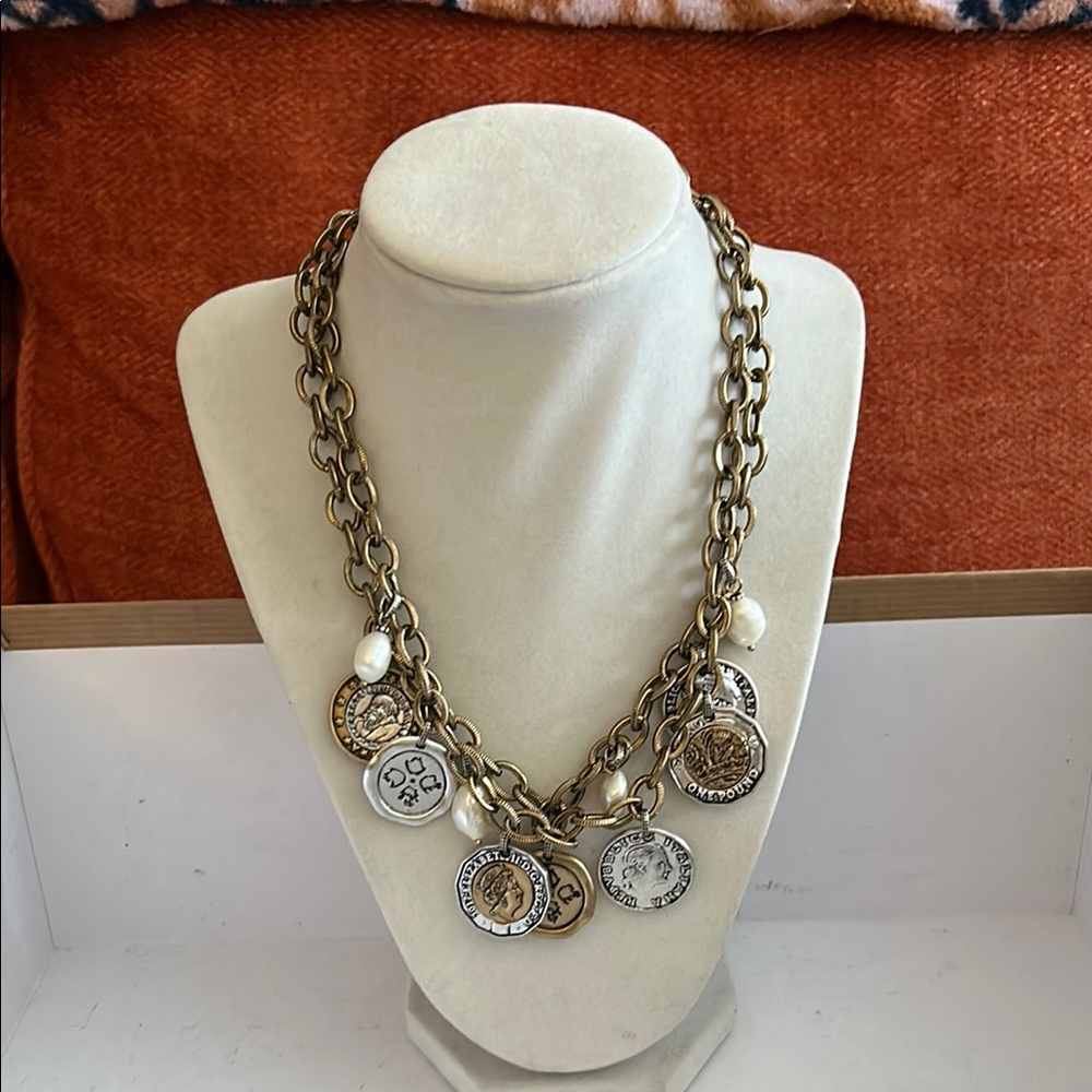 PATRICIA NASH TWO TONE WORLD COIN & FRESHWATER PEARL 18IN DOUBLE STRAND NECKLACE